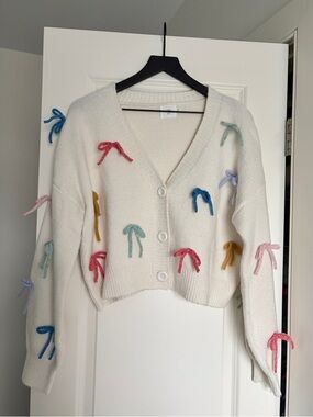 Luna Ivy Cream Button-Front Bow Cardigan